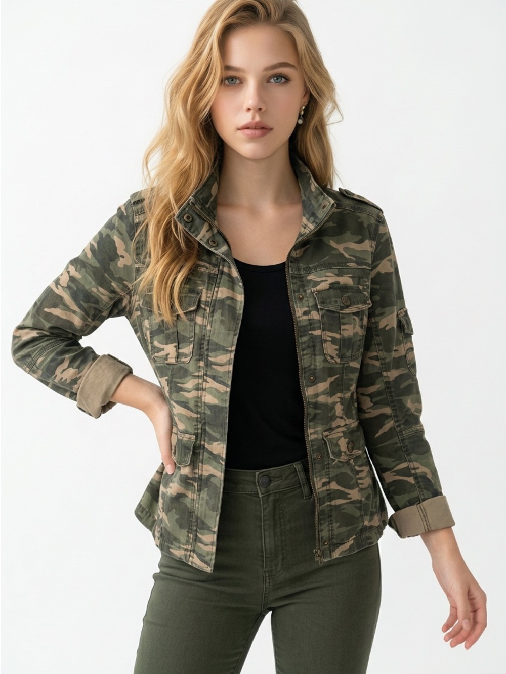 Kensie Olive Camo Utility Jacket